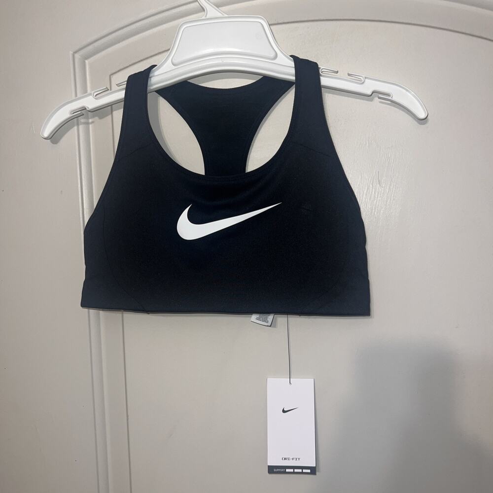 New! Nike Dri Fit Small Black White Swoosh Sports Bra Womens Swish Running